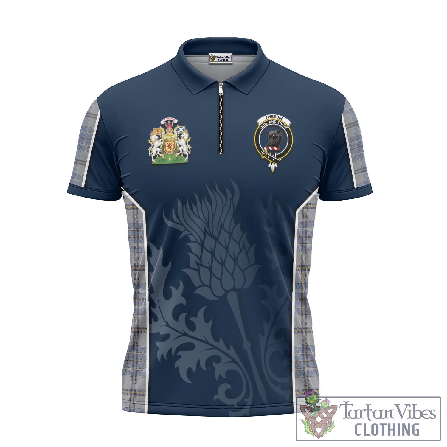 Tartan Vibes Clothing Tweedie Tartan Zipper Polo Shirt with Family Crest and Scottish Thistle Vibes Sport Style