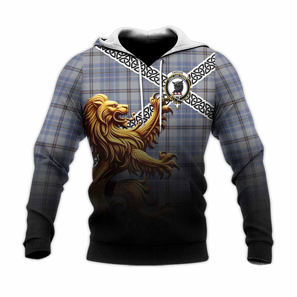 Tartan Vibes Clothing Tweedie Crest Tartan Knitted Hoodie with Golden Lion Emblem Celtic Style