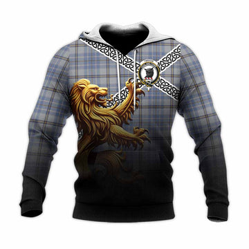 Tweedie Crest Tartan Knitted Hoodie with Golden Lion Emblem Celtic Style