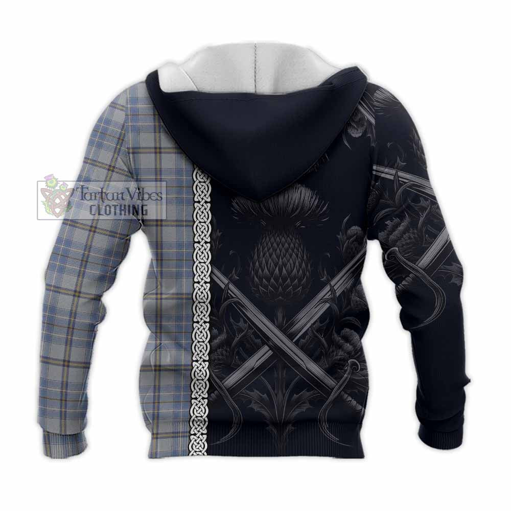 Tartan Vibes Clothing Tweedie Tartan Knitted Hoodie with Family Crest Cross Sword Thistle Celtic Vibes