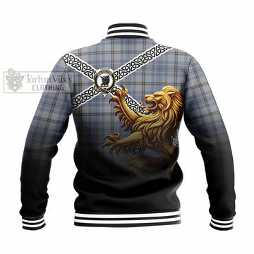 Tweedie Crest Tartan Baseball Jacket with Golden Lion Emblem Celtic Style