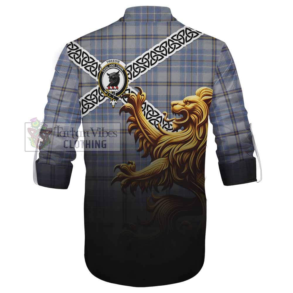 Tartan Vibes Clothing Tweedie Crest Tartan Ghillie Kilt Shirt with Golden Lion Emblem Celtic Style