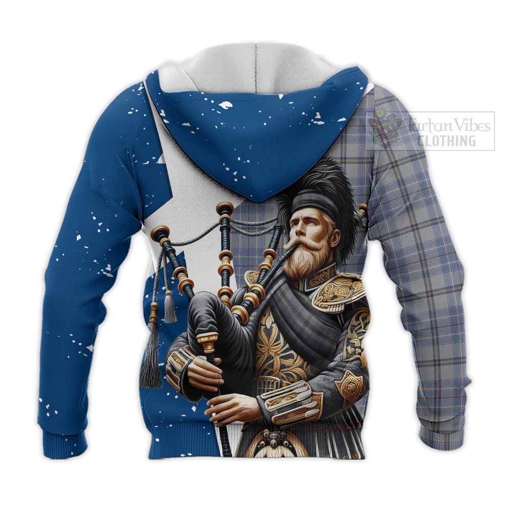 Tartan Vibes Clothing Tweedie Tartan Knitted Hoodie with Family Crest Scottish Bagpiper Vibes