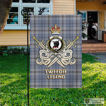 Tweedie Tartan Garden Flag with Clan Crest and the Golden Sword of Courageous Legacy