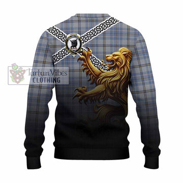 Tweedie Crest Tartan Knitted Sweater with Golden Lion Emblem Celtic Style