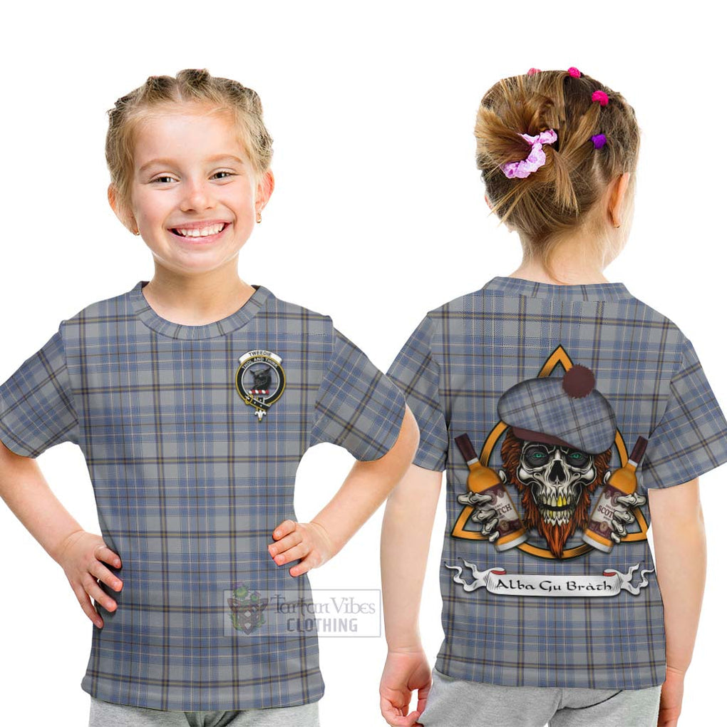 Tartan Vibes Clothing Tweedie Tartan Kid T-Shirt with Family Crest and Bearded Skull Holding Bottles of Whiskey