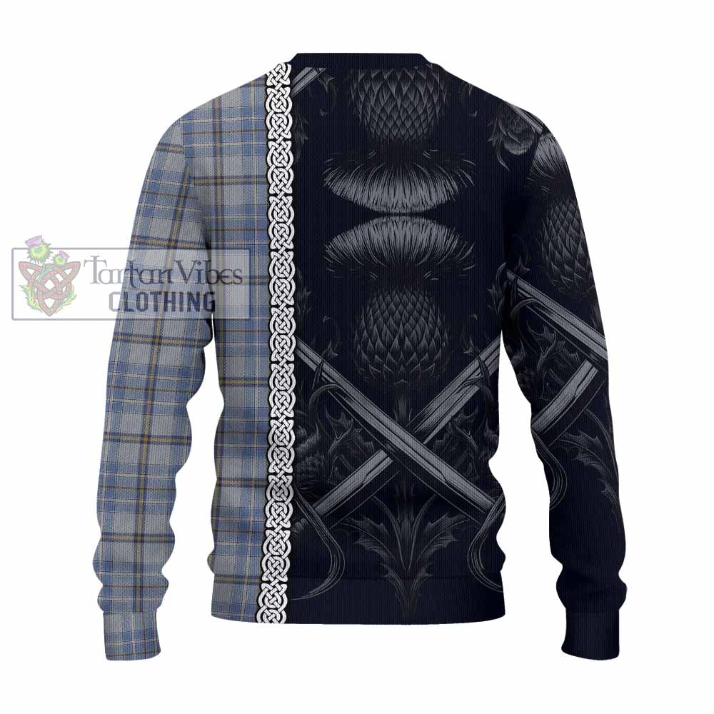 Tartan Vibes Clothing Tweedie Tartan Knitted Sweater with Family Crest Cross Sword Thistle Celtic Vibes