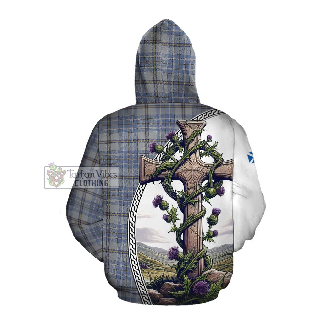 Tartan Vibes Clothing Tweedie Tartan Cotton Hoodie with Family Crest and St. Andrew's Cross Accented by Thistle Vines