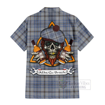 Tweedie Tartan Hawaiian Shirt with Family Crest and Bearded Skull Holding Bottles of Whiskey