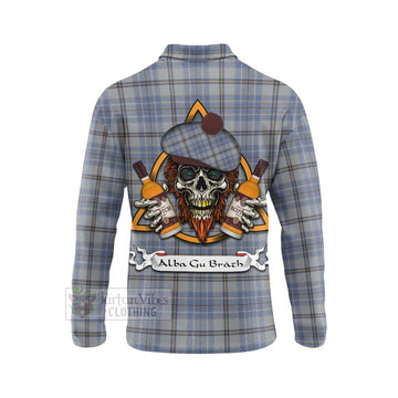 Tartan Vibes Clothing Tweedie Tartan Long Sleeve Polo Shirt with Family Crest and Bearded Skull Holding Bottles of Whiskey