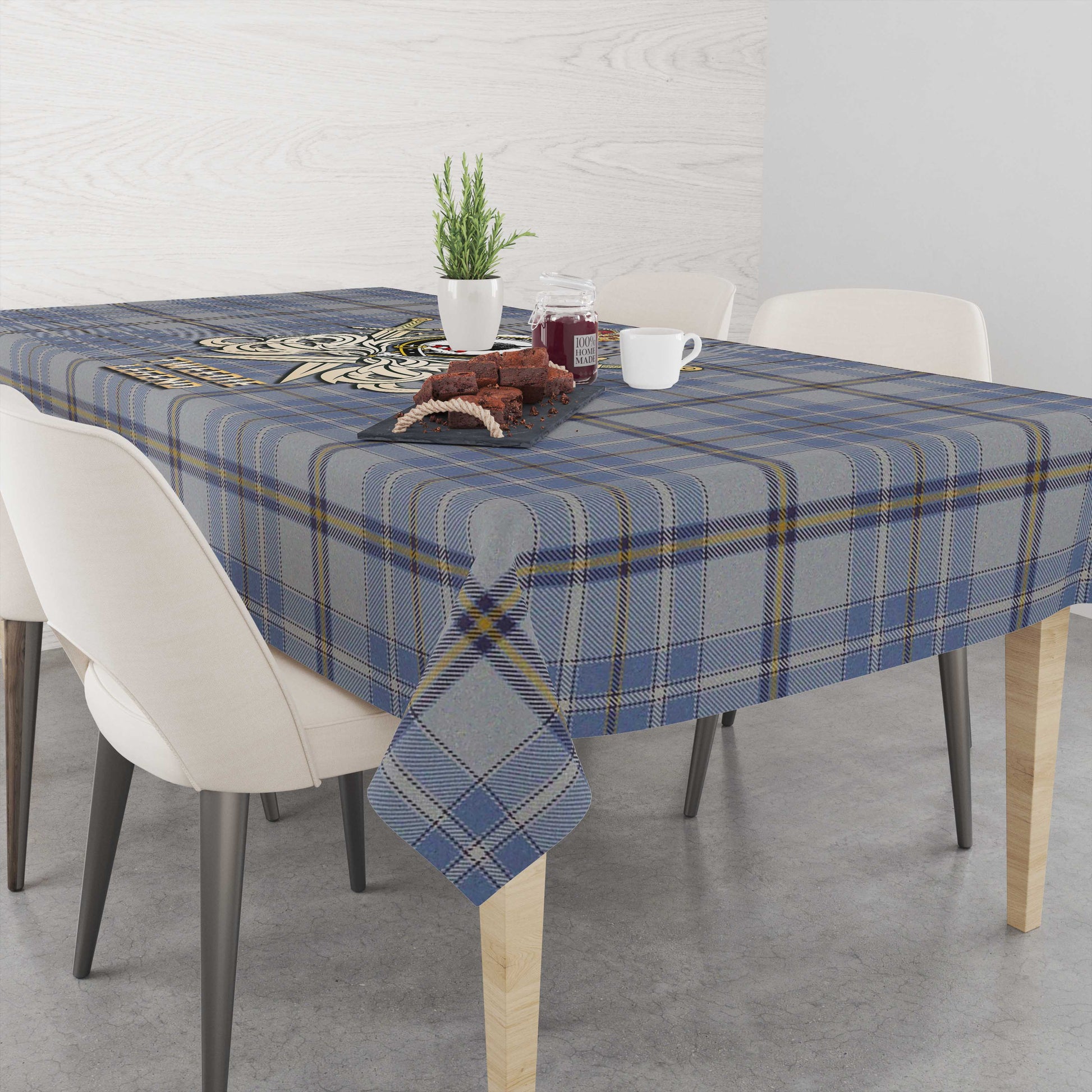 Tartan Vibes Clothing Tweedie Tartan Tablecloth with Clan Crest and the Golden Sword of Courageous Legacy
