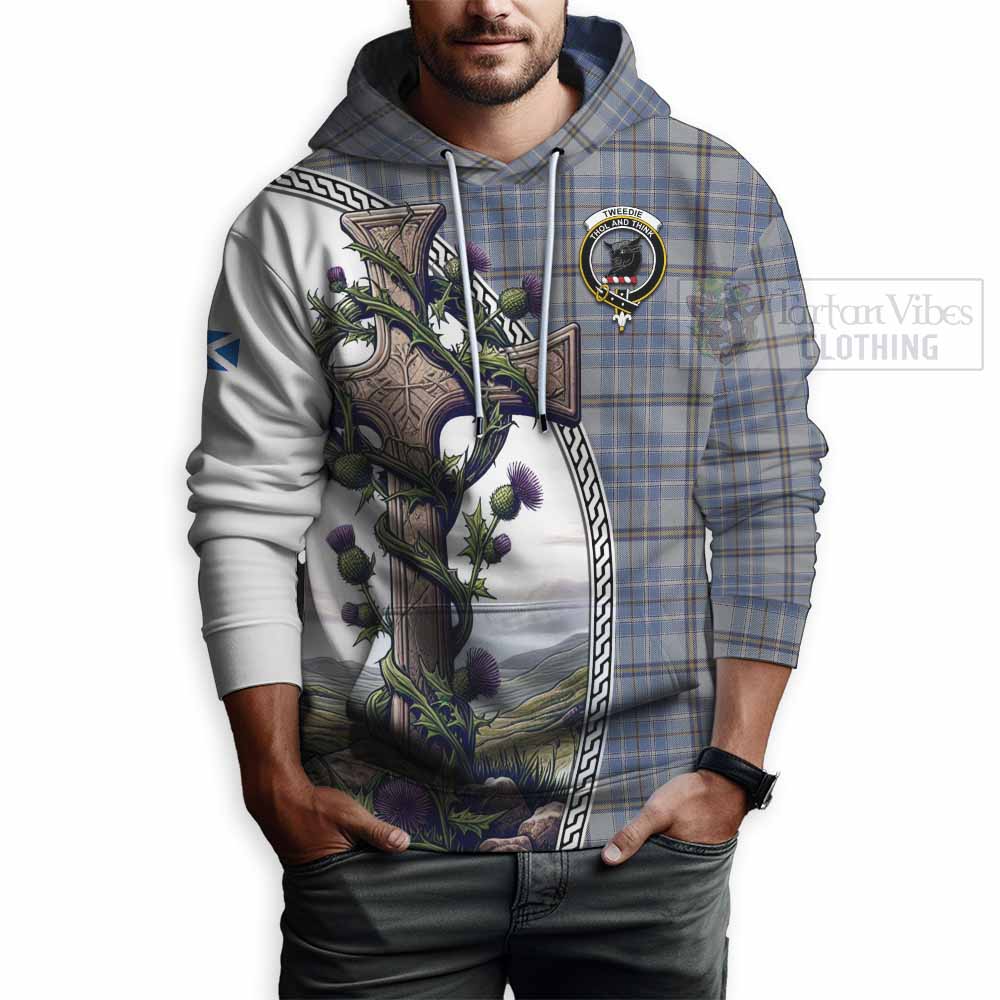 Tartan Vibes Clothing Tweedie Tartan Hoodie with Family Crest and St. Andrew's Cross Accented by Thistle Vines