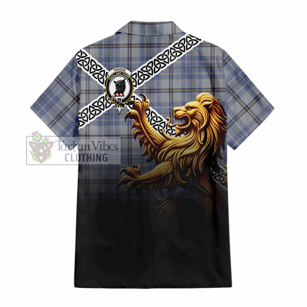Tartan Vibes Clothing Tweedie Crest Tartan Short Sleeve Button Shirt with Golden Lion Emblem Celtic Style