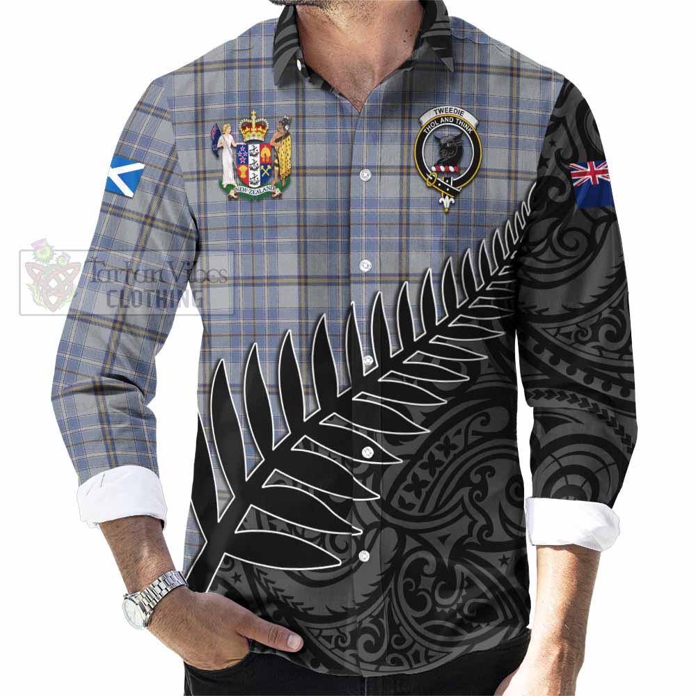 Tartan Vibes Clothing Tweedie Crest Tartan Long Sleeve Button Shirt with New Zealand Silver Fern Half Style
