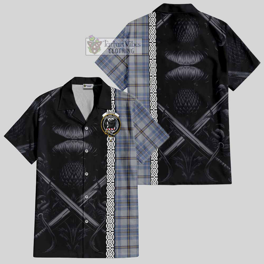 Tartan Vibes Clothing Tweedie Tartan Short Sleeve Button Shirt with Family Crest Cross Sword Thistle Celtic Vibes