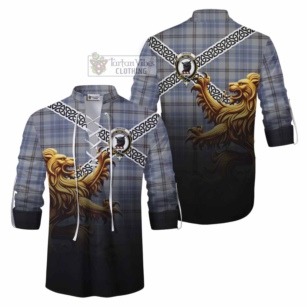 Tartan Vibes Clothing Tweedie Crest Tartan Ghillie Kilt Shirt with Golden Lion Emblem Celtic Style