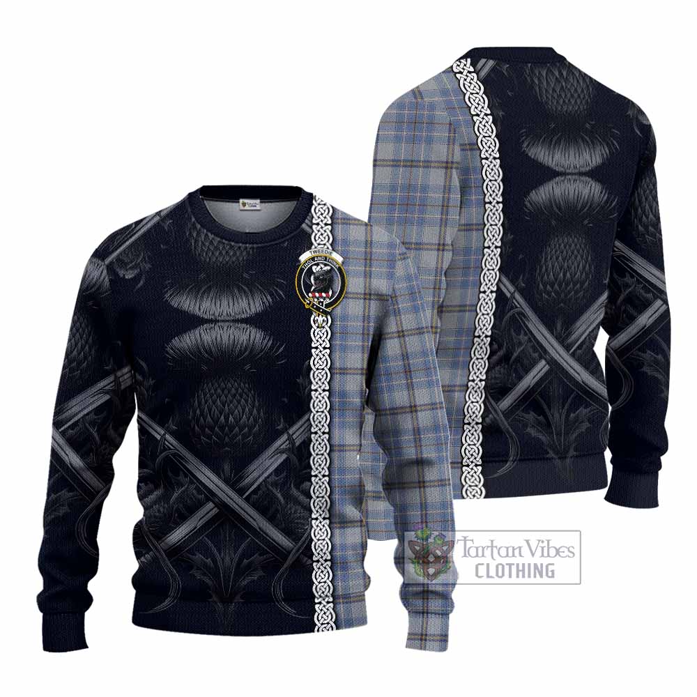 Tartan Vibes Clothing Tweedie Tartan Knitted Sweater with Family Crest Cross Sword Thistle Celtic Vibes