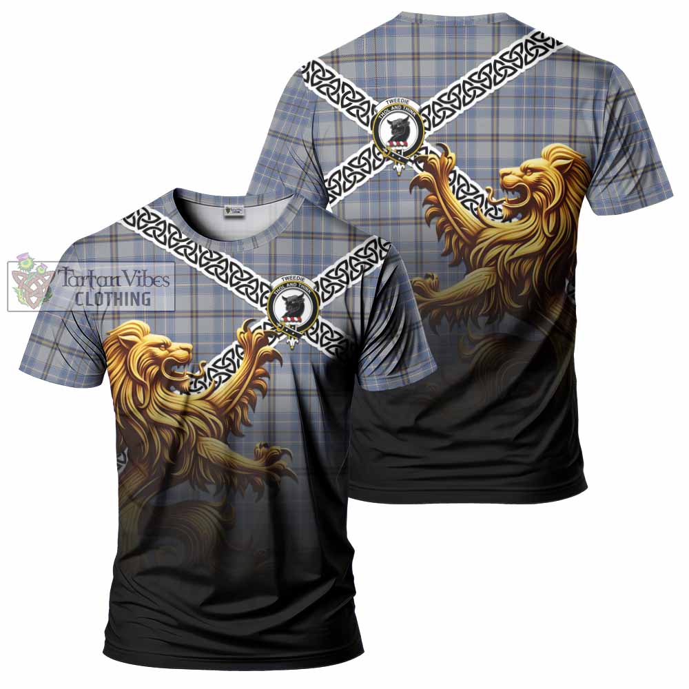 Tartan Vibes Clothing Tweedie Crest Tartan T-Shirt with Golden Lion Emblem Celtic Style