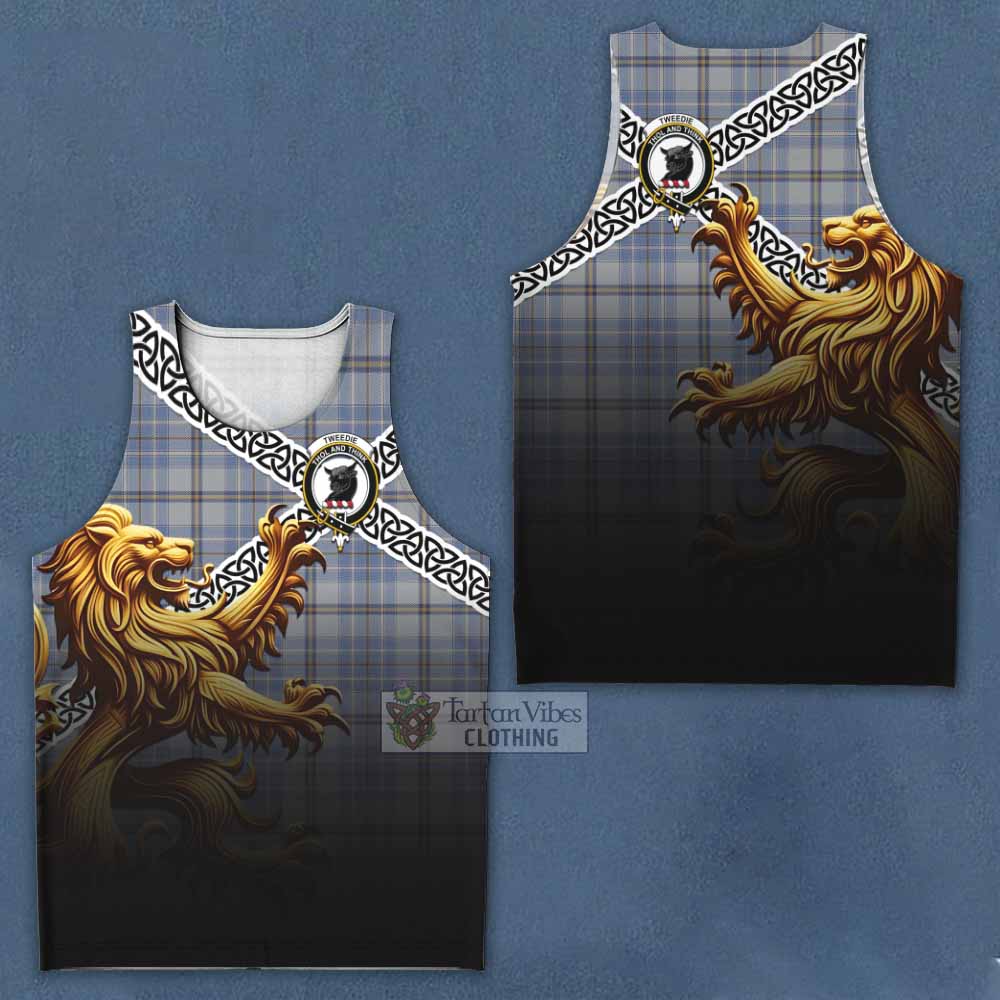 Tartan Vibes Clothing Tweedie Crest Tartan Men's Tank Top with Golden Lion Emblem Celtic Style