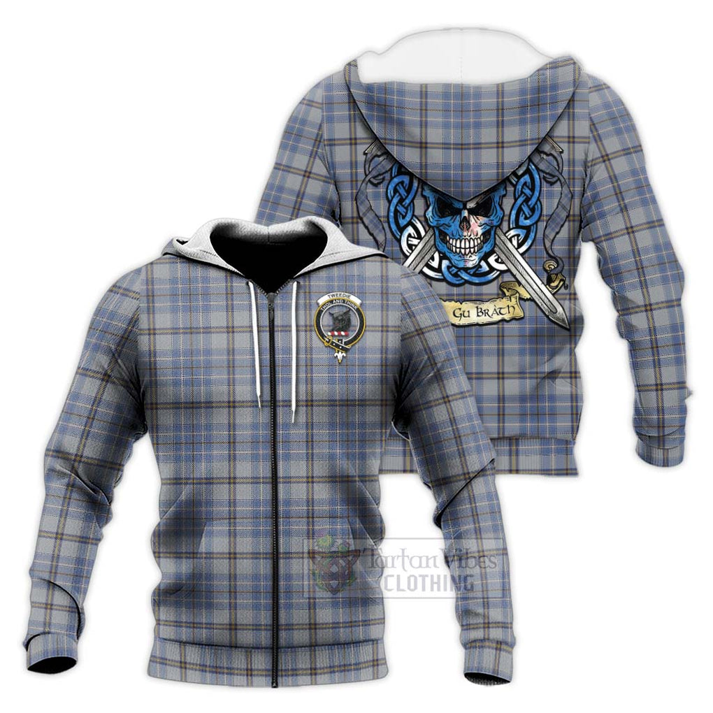 Tartan Vibes Clothing Tweedie Tartan Knitted Hoodie with Family Crest Celtic Skull Style