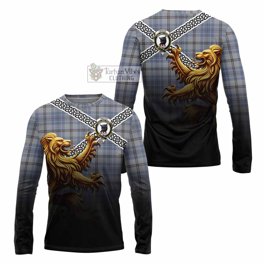 Tartan Vibes Clothing Tweedie Crest Tartan Long Sleeve T-Shirt with Golden Lion Emblem Celtic Style