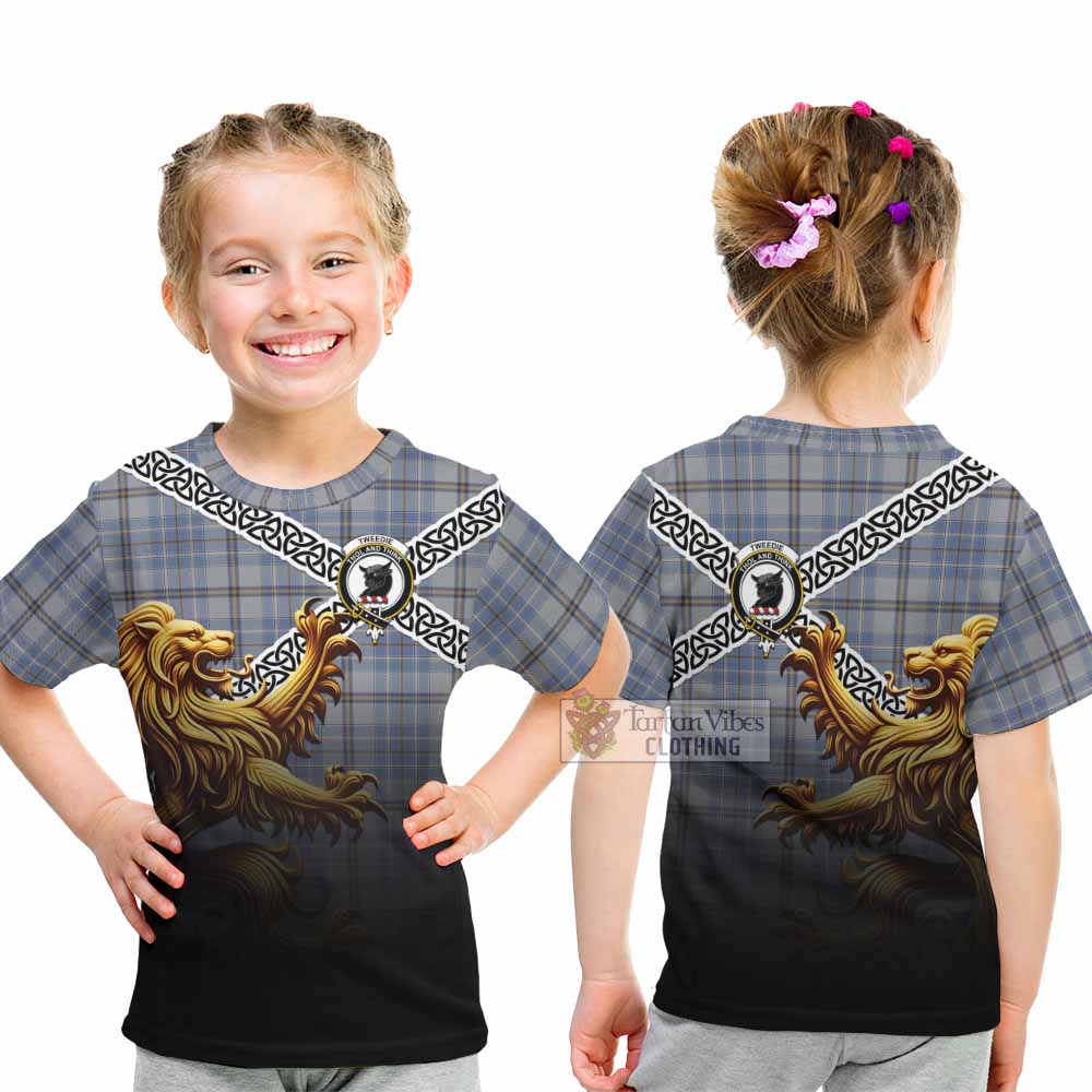 Tartan Vibes Clothing Tweedie Crest Tartan Kid T-Shirt with Golden Lion Emblem Celtic Style