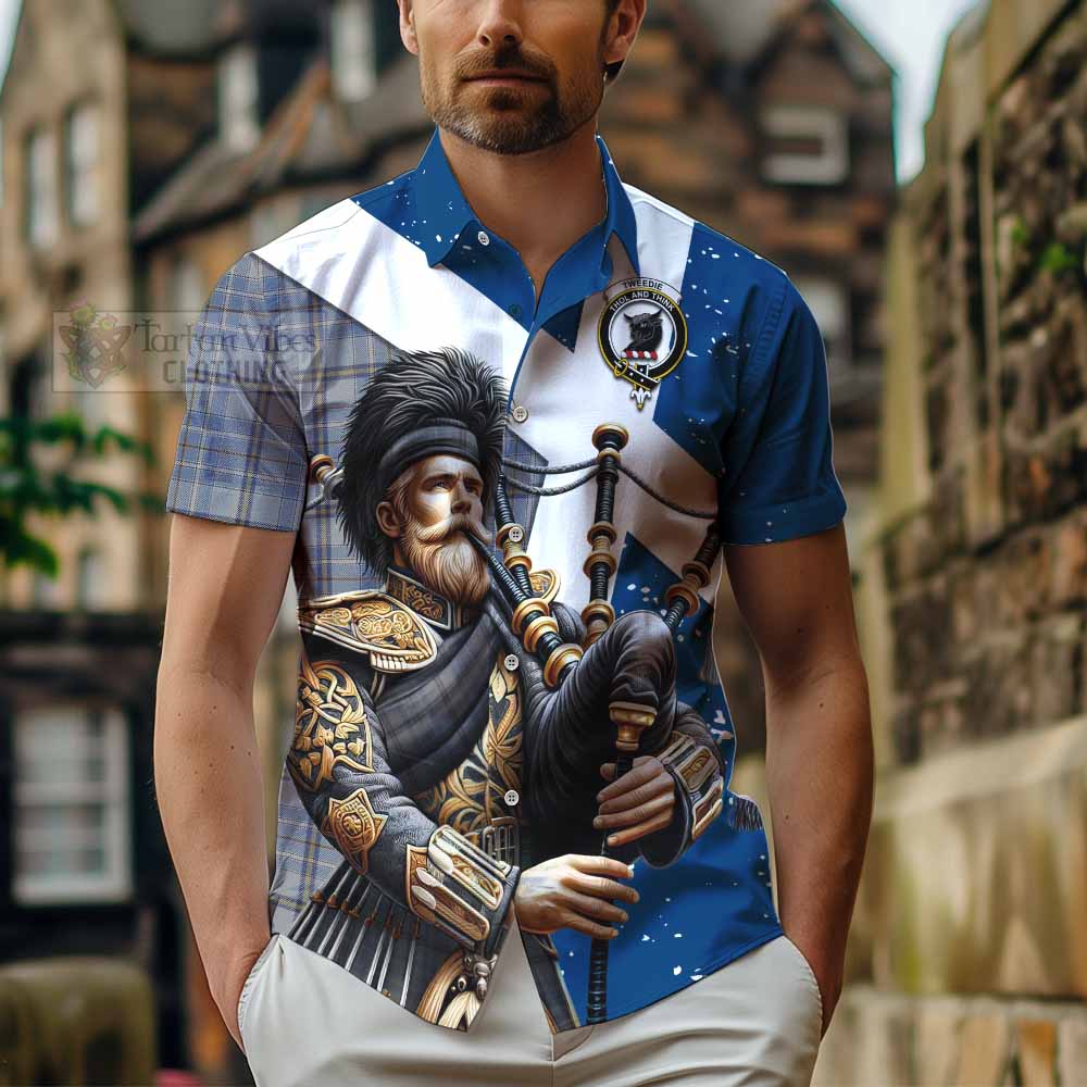 Tartan Vibes Clothing Tweedie Tartan Short Sleeve Button Shirt with Family Crest Scottish Bagpiper Vibes