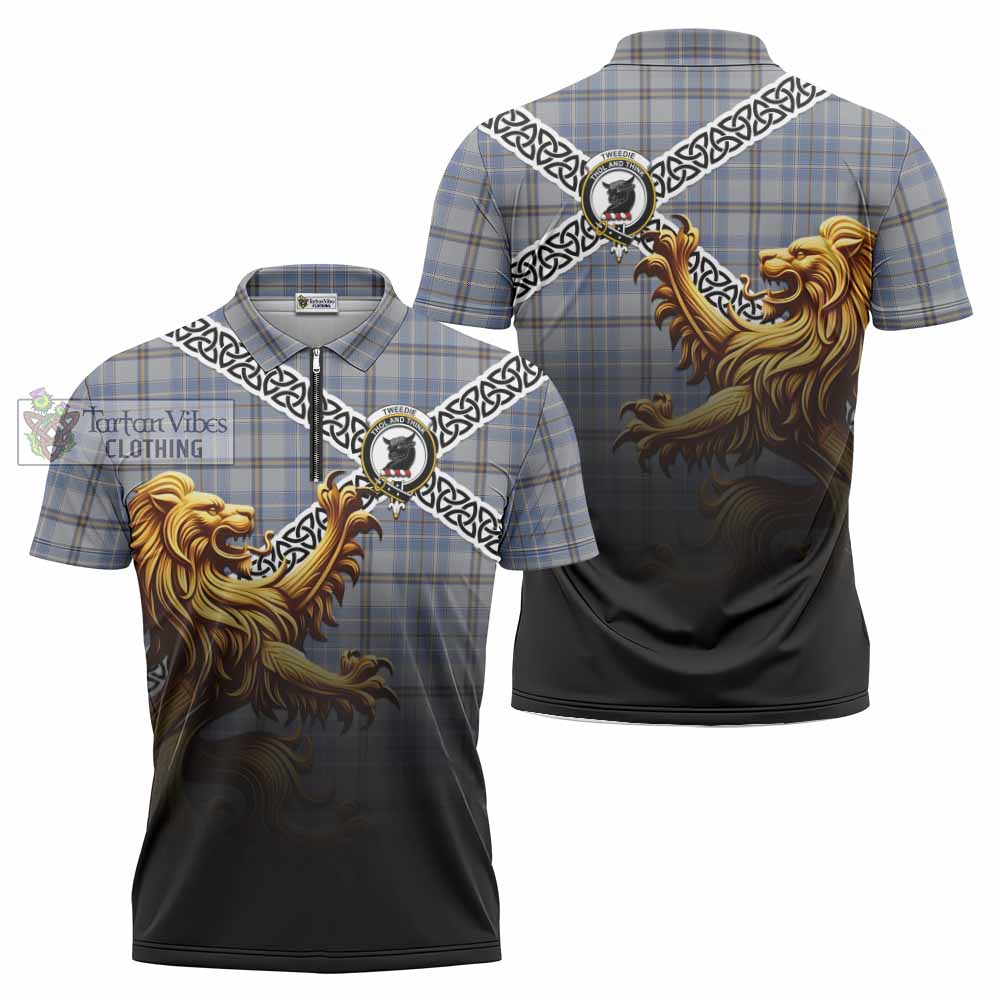 Tartan Vibes Clothing Tweedie Crest Tartan Zipper Polo Shirt with Golden Lion Emblem Celtic Style