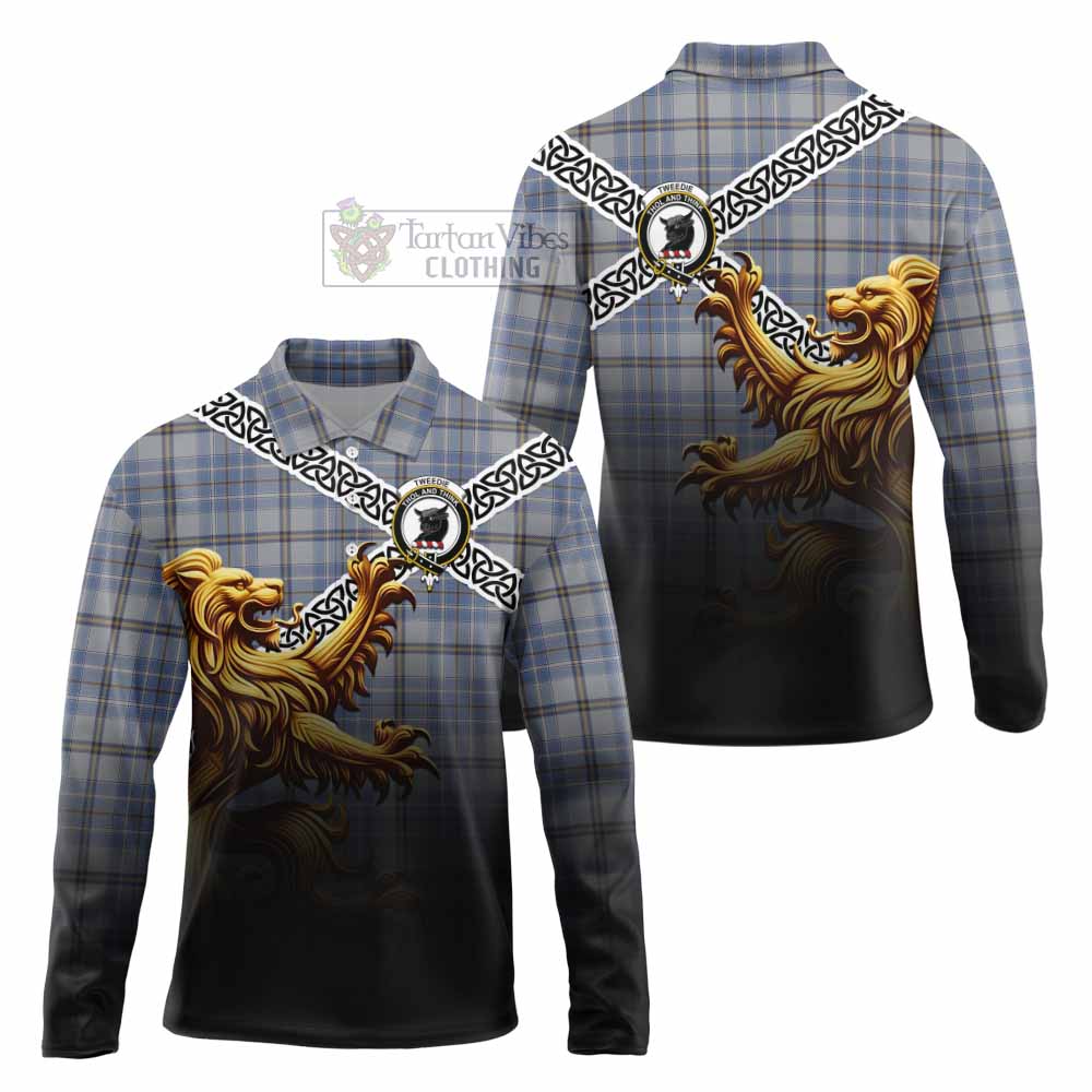 Tartan Vibes Clothing Tweedie Crest Tartan Long Sleeve Polo Shirt with Golden Lion Emblem Celtic Style