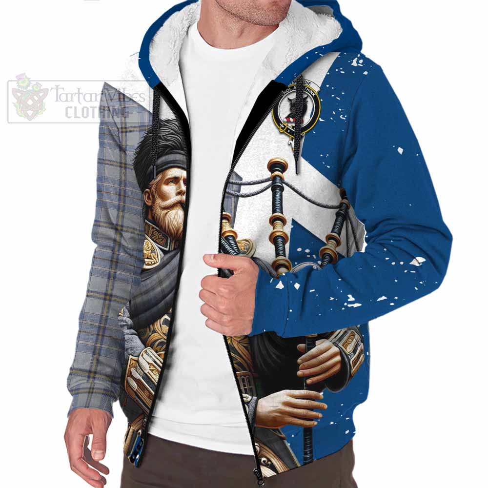 Tartan Vibes Clothing Tweedie Tartan Sherpa Hoodie with Family Crest Scottish Bagpiper Vibes