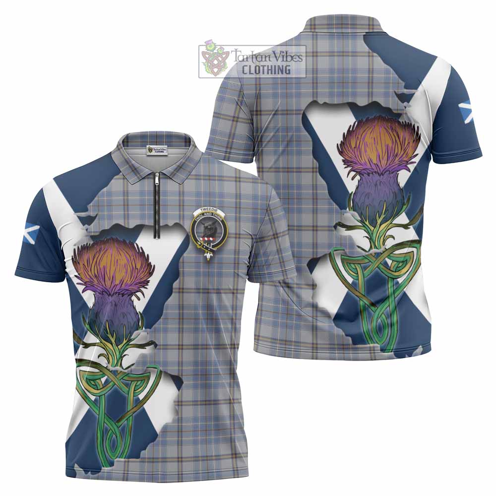 Tartan Vibes Clothing Tweedie Tartan Family Crest Zipper Polo Shirt Scottish Thistle Celtic Inspired