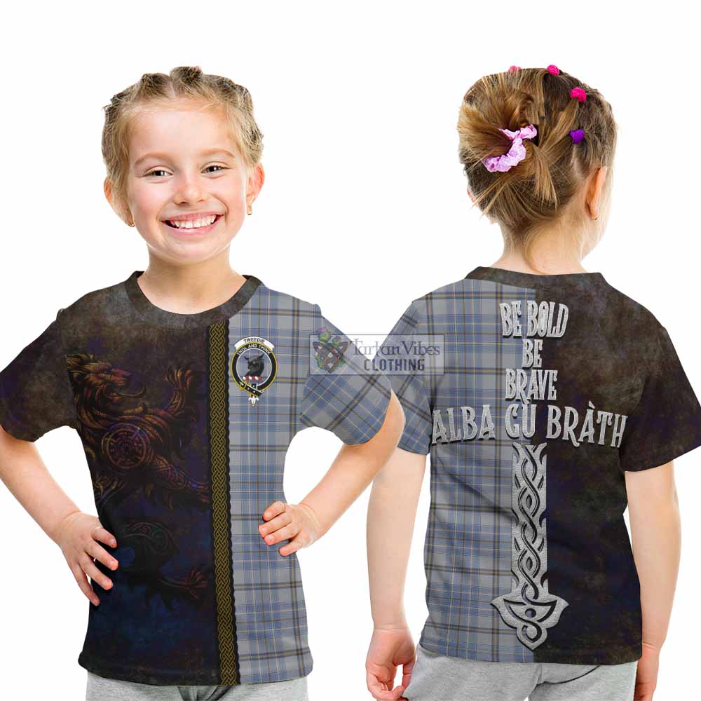 Tartan Vibes Clothing Tweedie Tartan Family Crest Kid T-Shirt Alba Gu Brath Be Brave Lion Ancient Style