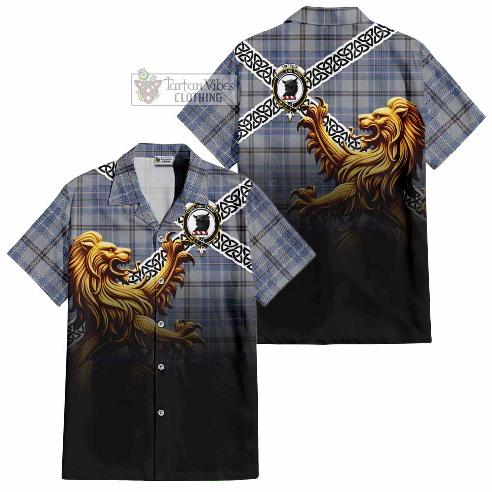 Tartan Vibes Clothing Tweedie Crest Tartan Short Sleeve Button Shirt with Golden Lion Emblem Celtic Style