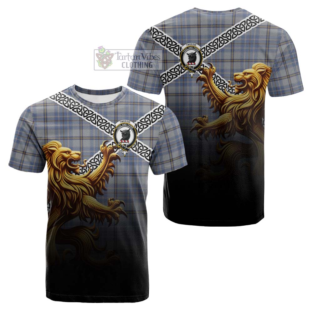 Tartan Vibes Clothing Tweedie Crest Tartan Cotton T-shirt with Golden Lion Emblem Celtic Style