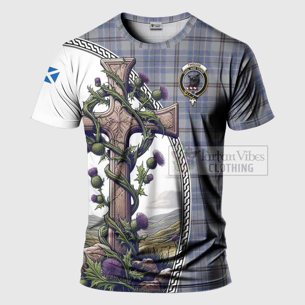 Tartan Vibes Clothing Tweedie Agnew Tartan T-Shirt with Family Crest and St. Andrew's Cross Accented by Thistle Vines