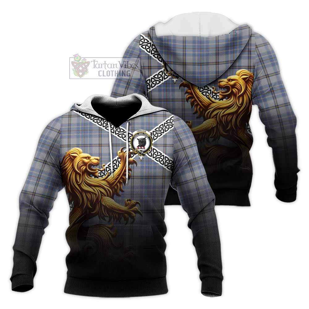 Tartan Vibes Clothing Tweedie Crest Tartan Knitted Hoodie with Golden Lion Emblem Celtic Style
