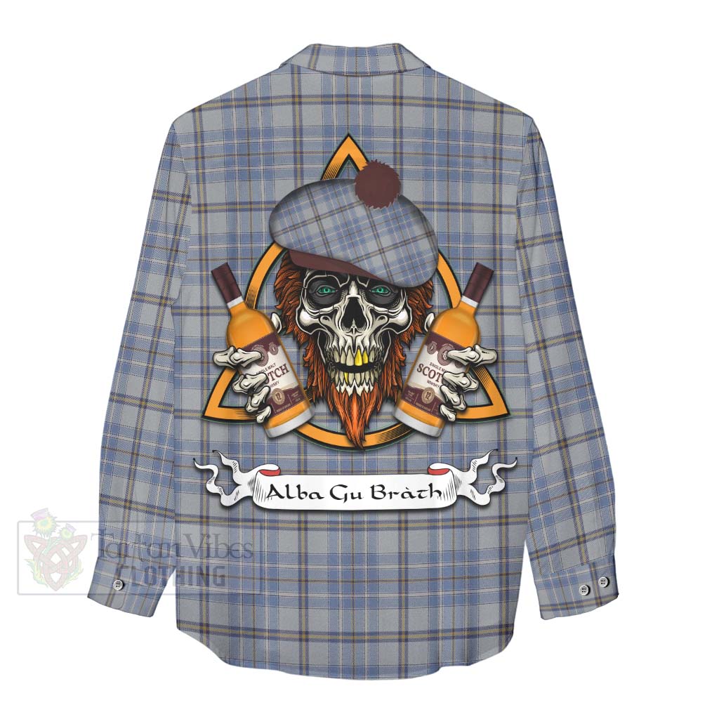 Tartan Vibes Clothing Tweedie Tartan Women's Casual Shirt with Family Crest and Bearded Skull Holding Bottles of Whiskey