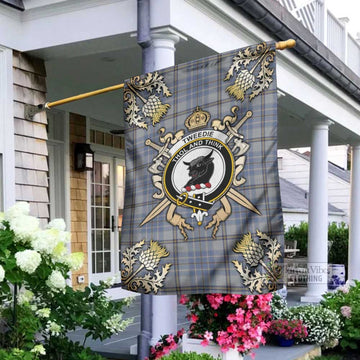 Tartan Vibes Clothing Tweedie Tartan Flag with Family Crest and Golden Thistle Crossed Sword Design