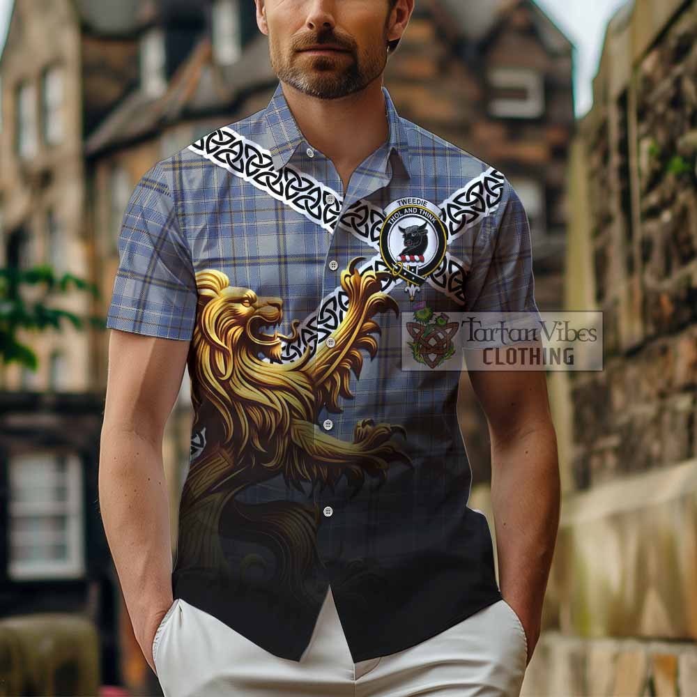 Tartan Vibes Clothing Tweedie Crest Tartan Short Sleeve Button Shirt with Golden Lion Emblem Celtic Style