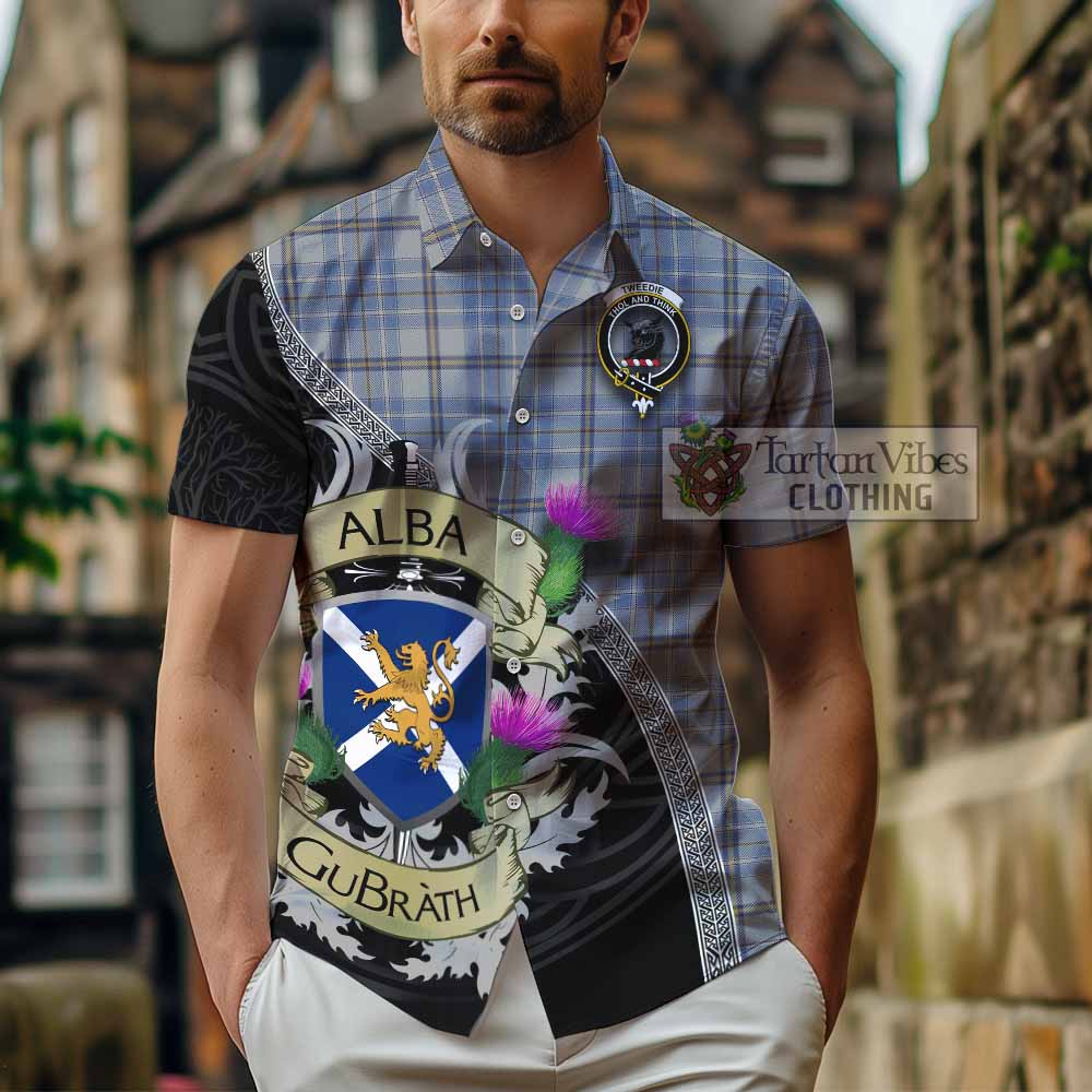 Tartan Vibes Clothing Tweedie Tartan Family Crest Short Sleeve Button Shirt Lion Rampant Royal Thistle Shield Celtic Inspired