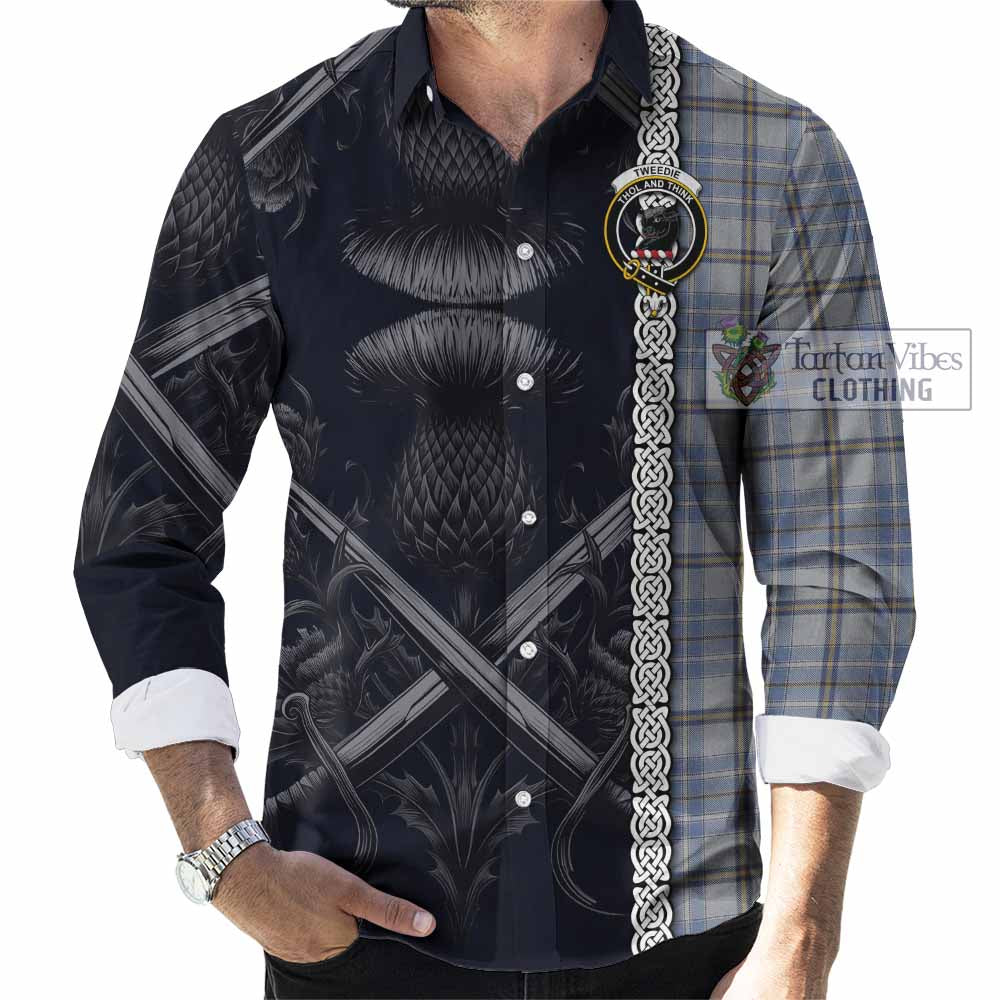 Tartan Vibes Clothing Tweedie Tartan Long Sleeve Button Shirt with Family Crest Cross Sword Thistle Celtic Vibes