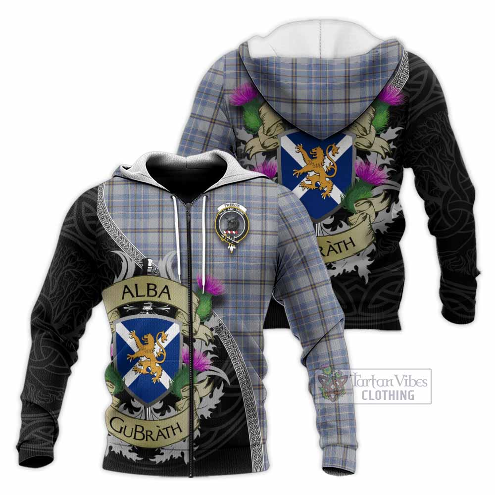 Tartan Vibes Clothing Tweedie Tartan Family Crest Knitted Hoodie Lion Rampant Royal Thistle Shield Celtic Inspired