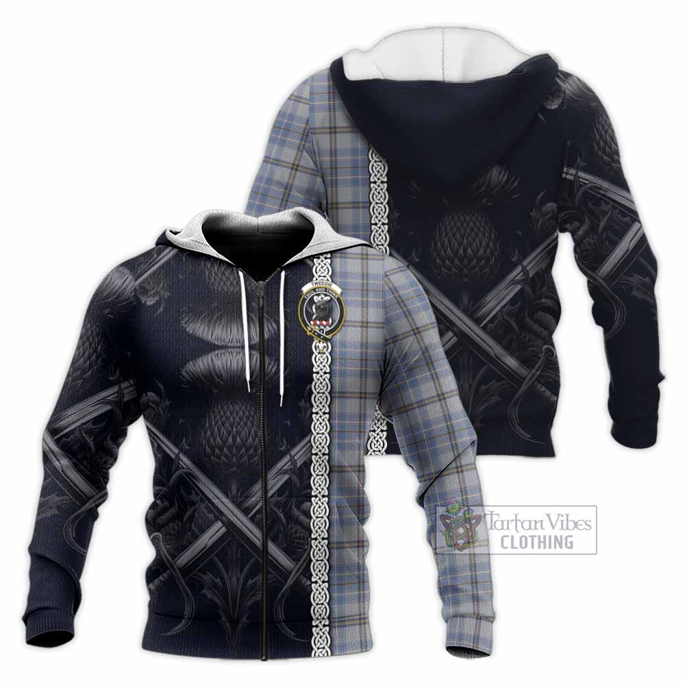 Tartan Vibes Clothing Tweedie Tartan Knitted Hoodie with Family Crest Cross Sword Thistle Celtic Vibes