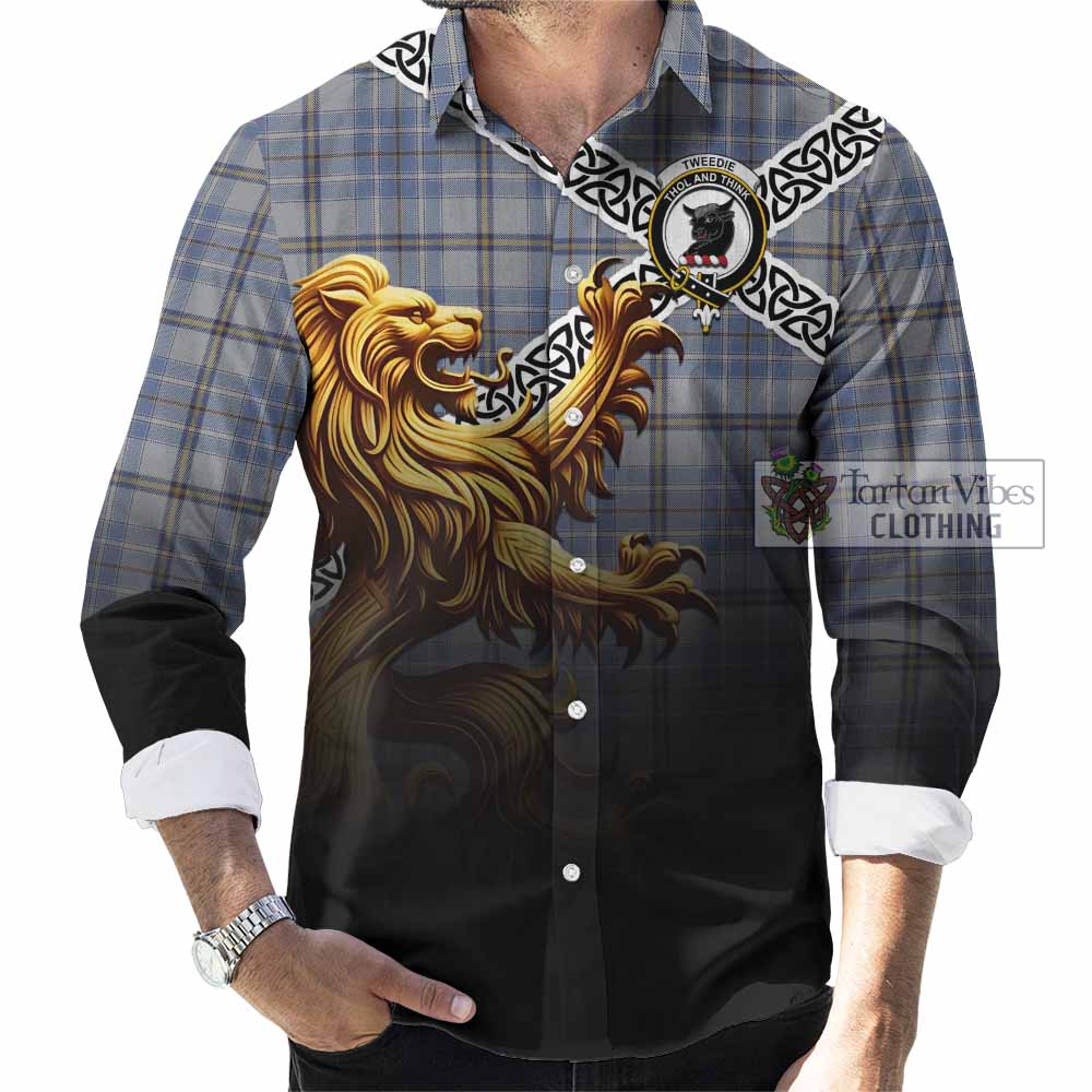 Tartan Vibes Clothing Tweedie Crest Tartan Long Sleeve Button Shirt with Golden Lion Emblem Celtic Style