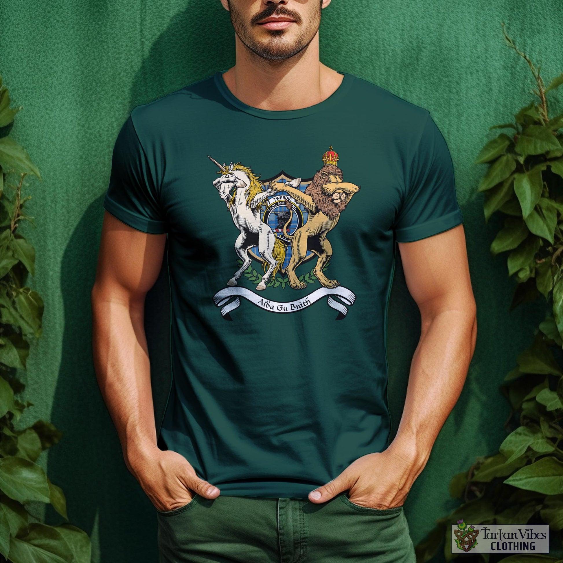 Tartan Vibes Clothing Tweedie Family Crest Cotton Men's T-Shirt with Scotland Royal Coat Of Arm Funny Style