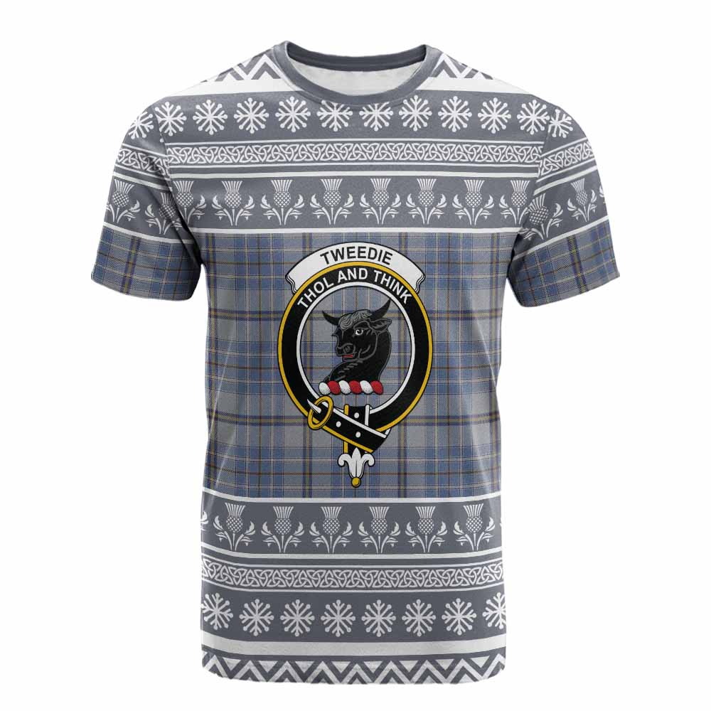 Tweedie Clan Tartan Christmas Cotton T-shirt with Family Crest - Tartan Vibes Clothing