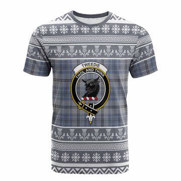 Tweedie Clan Tartan Christmas Cotton T-shirt with Family Crest