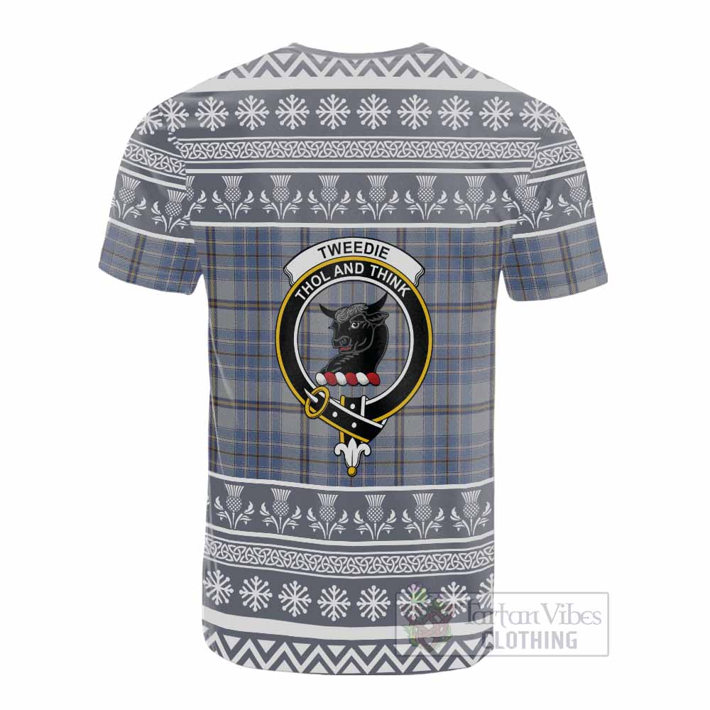 Tweedie Clan Tartan Christmas Cotton T-shirt with Family Crest - Tartan Vibes Clothing