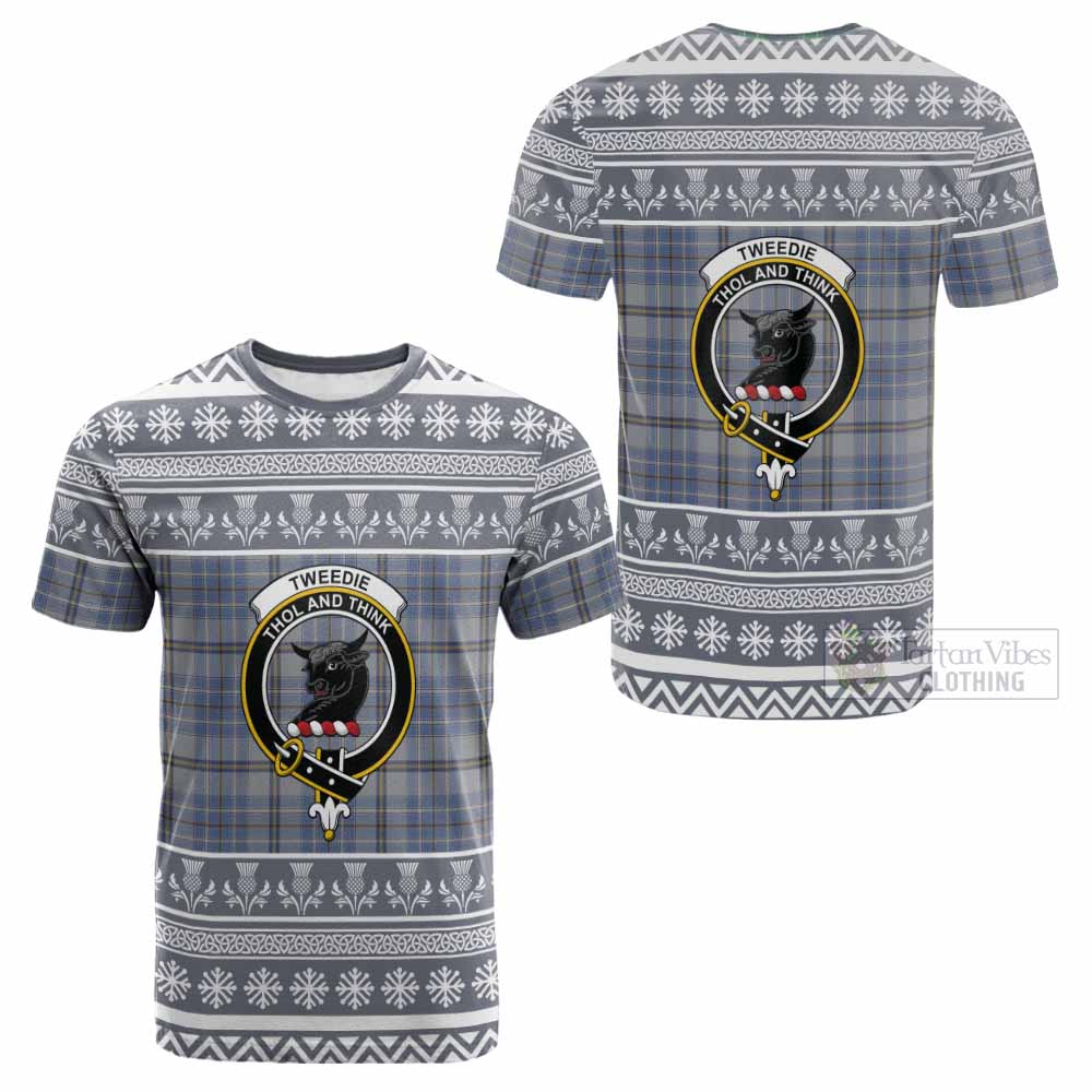 Tweedie Clan Tartan Christmas Cotton T-shirt with Family Crest - Tartan Vibes Clothing