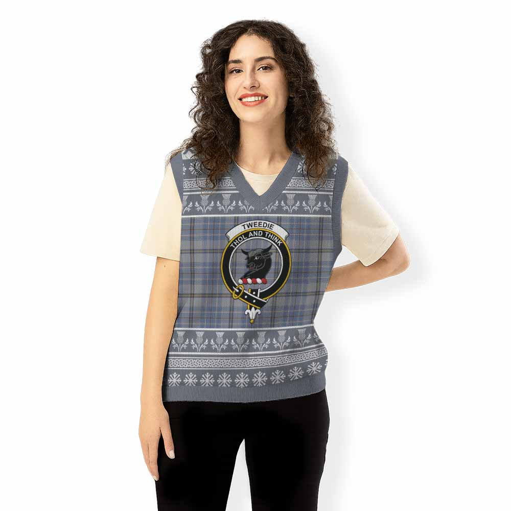 Tweedie Clan Tartan Christmas Knitted V-Neck Vest with Family Crest - Tartan Vibes Clothing
